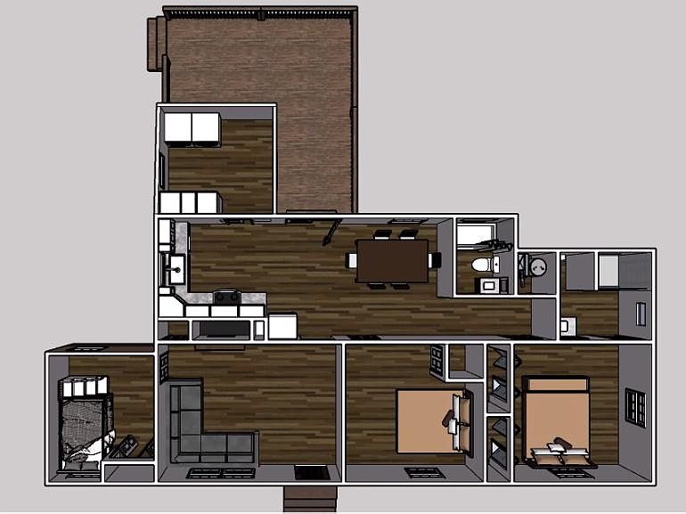 Whole House Layout. 
Note: Closet design in Bedrooms 1 & 2 have slightly changed.