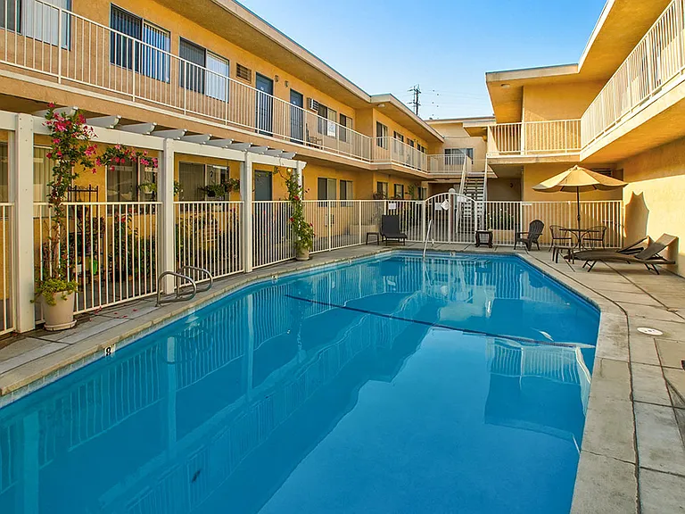 Large solar heated pool in Woodbridge Park courtyard.