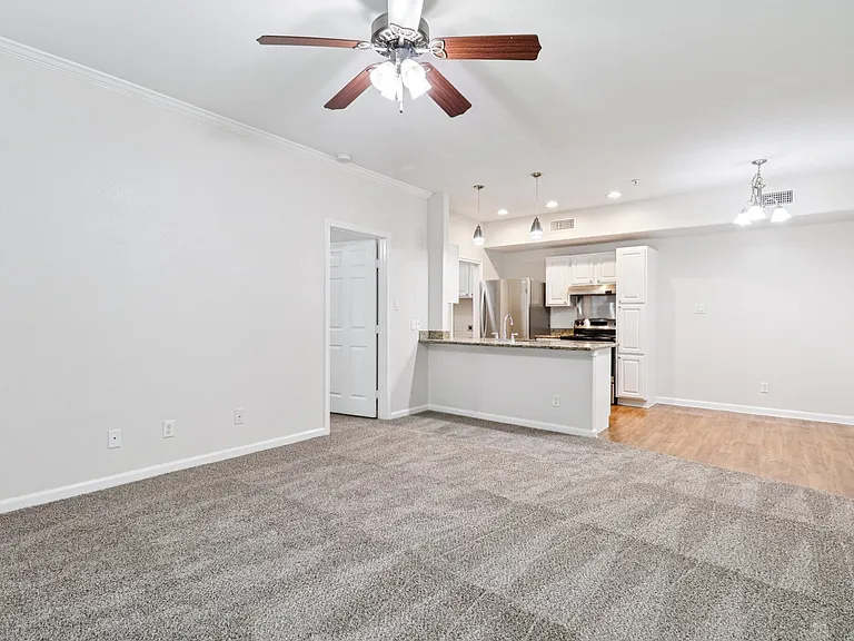 Bright and spacious living area with plush carpeting, ceiling fan, and open plan kitchen featuring modern sleek appliances. Bright and spacious living area with plush carpeting, ceiling fan, and open plan kitchen featuring modern sleek appliances.