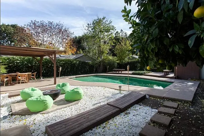 Backyard showing firepit, double deck (behind pool) and pati