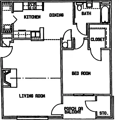 Floor plan Large 1 Bed - 1 Bath (Available with Cathedral Cei