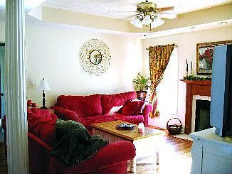 Living room w/trey ceiling, gas fireplace, wood floors!