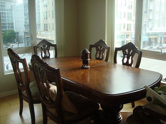 Dining room shows corner views