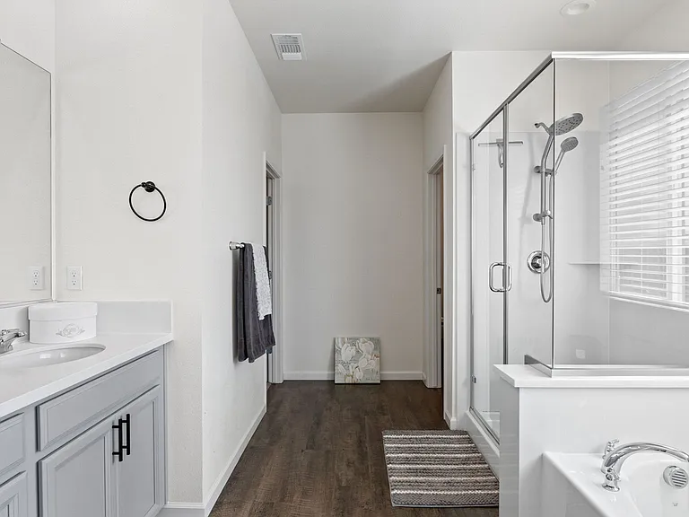 Upstairs, the oversized primary suite bathroom with soaking Tub and separate Shower