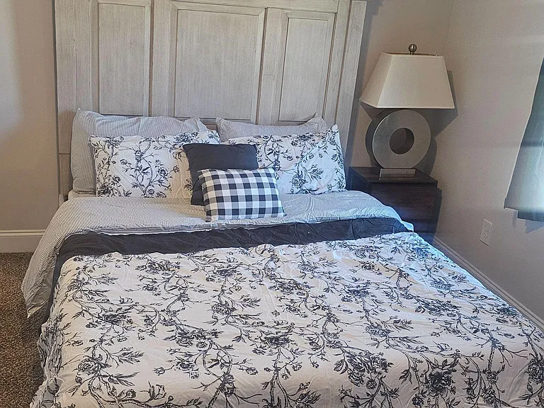 Furnished bedroom featuring a full/queen bed with a statement headboard, nightstand lighting, and soft carpet underfoot.
