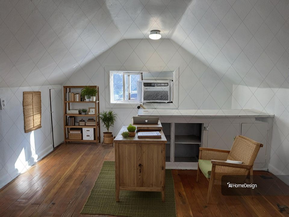 Virtually staged loft office next to loft bedroom