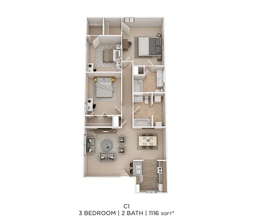 Floor plan Three Bed Two Bath 1116 Sqft