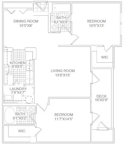 Floor plan Two Bed Two Bath Split with Patio-Renovated