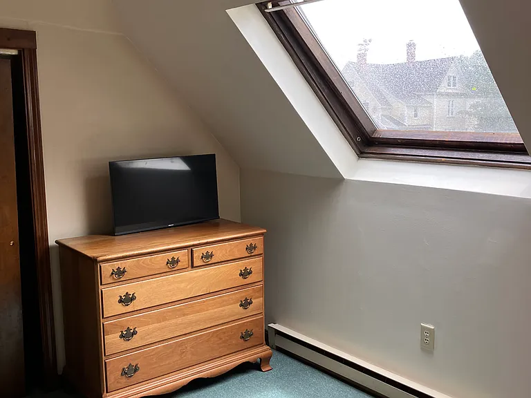 Bedroom with dresser, TV & Skylight