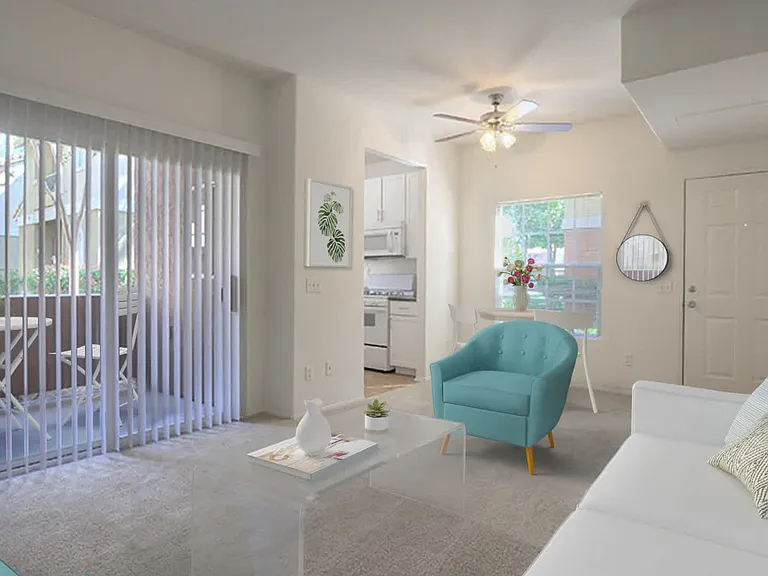 Carpeted Living Room with Balcony
