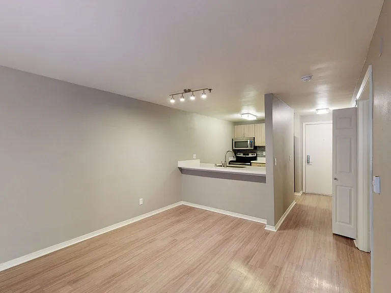 Apartment kitchen with stainless steel appliances, dining and living room with wood-style flooring.