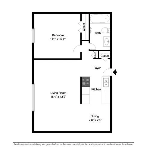 Floor plan 1 Bed 1 Bath Style G (without balcony)