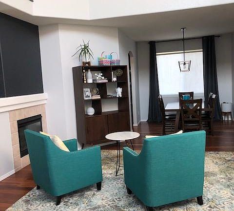 Main Entry. Dual fire place to family room