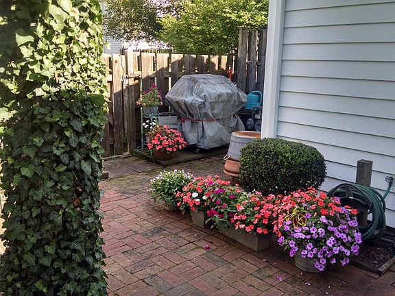 Paved patio and attached storage shed