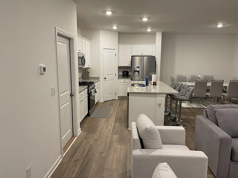 Side view of the living room and kitchen
