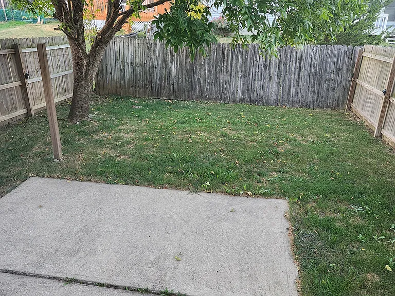 Fully-fenced backyard. There's a floodlight camera mounted above the back door with security features like recording, bird's eye view, and an alarm.