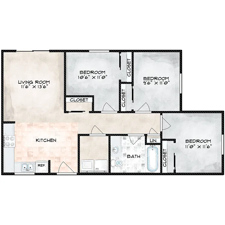 Floor plan 3 Bed 1 Bath - Renovated
