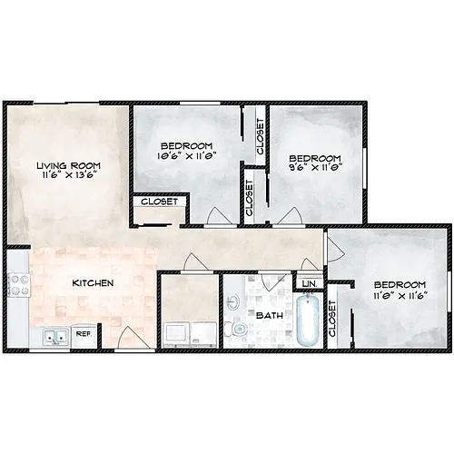 Floor plan 3 Bed 1 Bath - Renovated