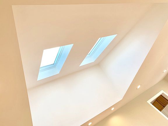 vaulted ceiling with sky lights