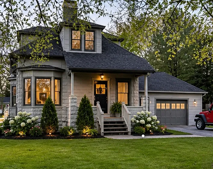 front porch is perfect space for a couple chairs and table!
One car attached garage