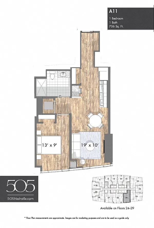 Floor plan 505 One Bedroom Upper Stack 05