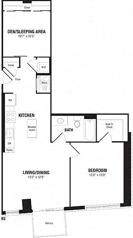 Floor plan 1 Bedroom+ Den, 1 Bath 848 SF B2