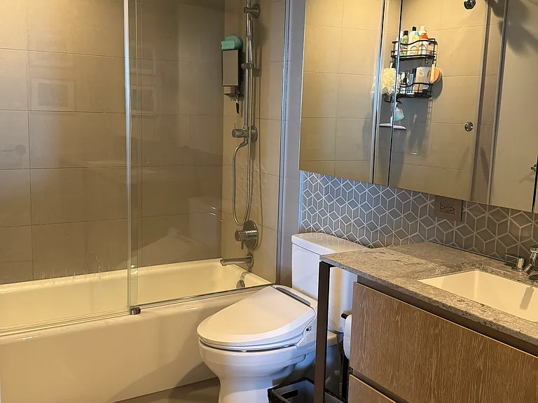 modern double sink bathroom w TOTO toilet and tub shower