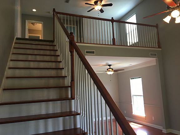 Newly refinished wood stairs