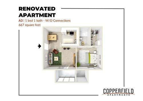 Floor plan A3 Renovated with Washer and Dryer Connections