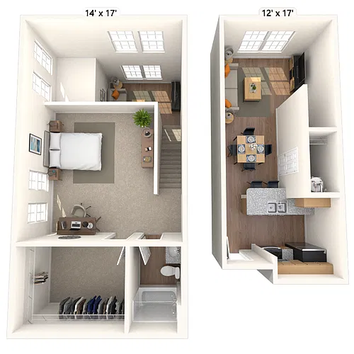 Floor plan Dual Level 1x1 616-880 SF