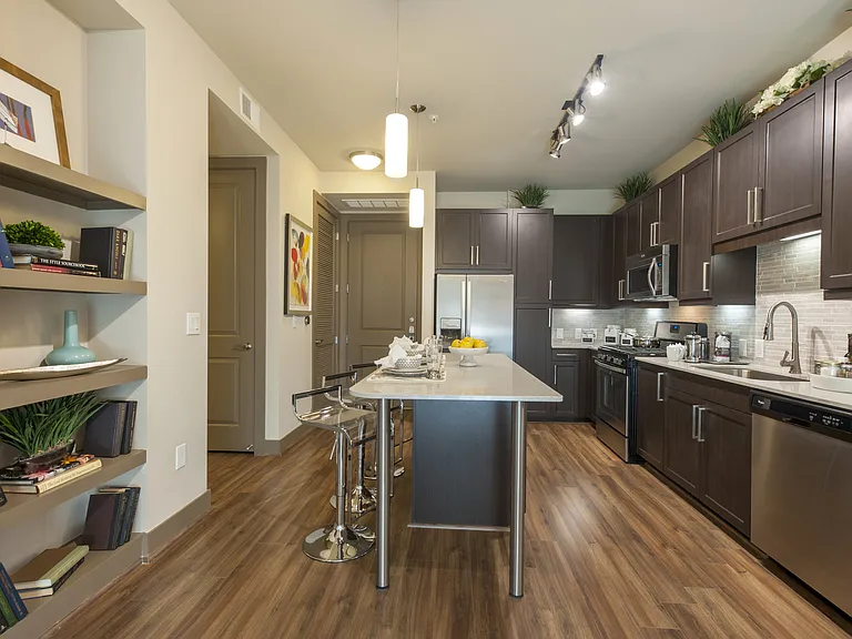 Contemporary kitchen with a touch of library charm.