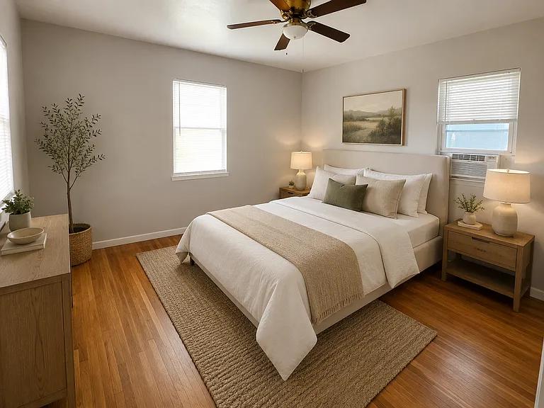 Your Future Retreat. This bedroom has been digitally staged to demonstrate one possible furniture layout. The apartment is leased unfurnished.