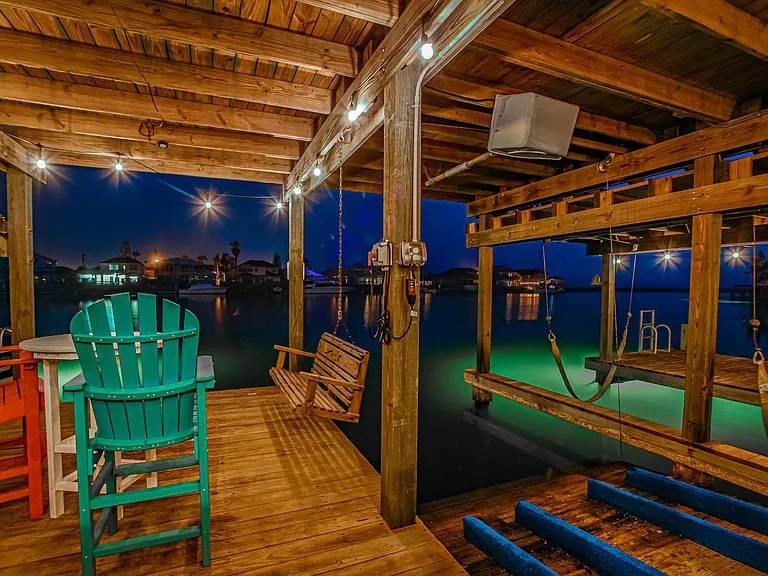 Evening covered dock lights on timer.
