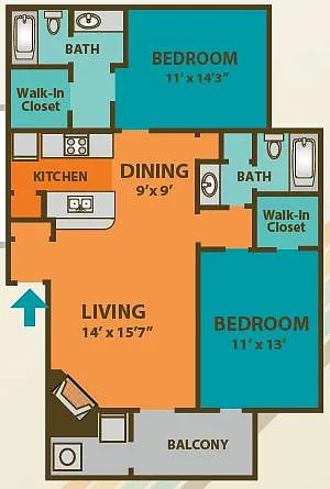 Floor plan The Mason - 2 Bed, 2 Bath