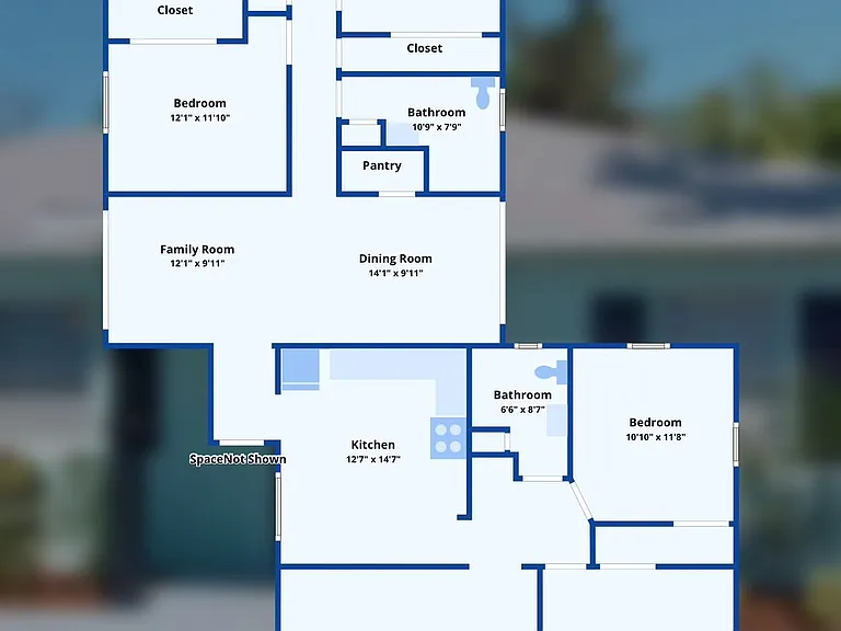 Full property floor plan showing all 5 private bedrooms, 2 bathrooms, kitchen, living room, and dining area