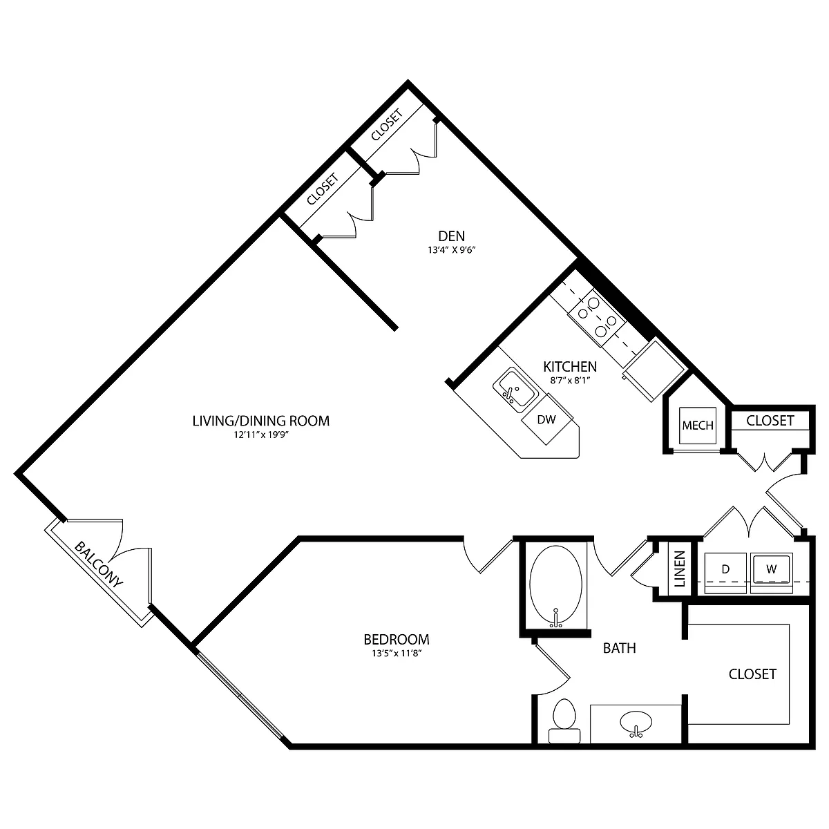 Floor plan 1 Bedroom + Den, 1 Bath 1023 SF B8