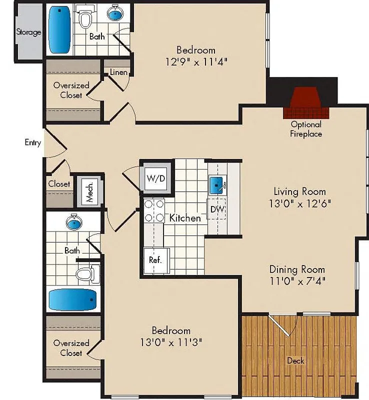 Floor plan 2 Bedroom/2 Bath - 1018 square feet
