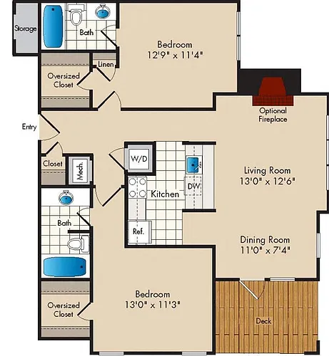 Floor plan 2 Bedroom/2 Bath - 1018 square feet