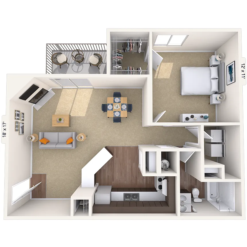 Floor plan 1BR 1BA (700 SF)