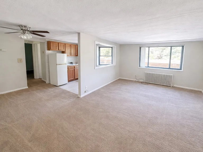 Carpeted Living Room + Cutout Kitchen