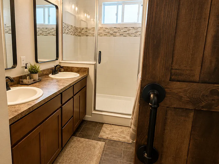 primary bathroom with sliding barn door