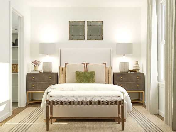 Rendering of owners bedroom with large bed, dual side tables, adjacent to linen closet.