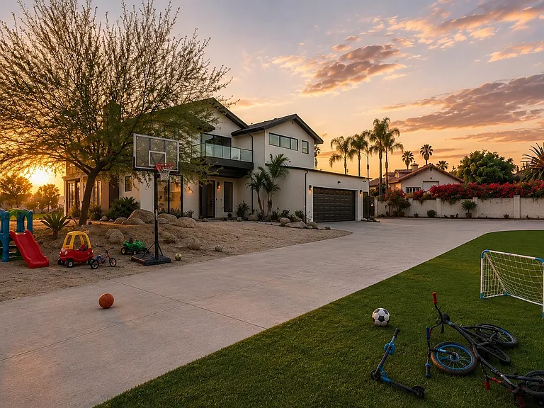 The front yard area has artificial turf and dg surfaces. Great areas for kids and adults to set up games or play areas. The driveway is large enough and has been used for half size basketball and this is at the end of the cul-de-sac, ideal for kids.