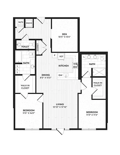 Floor plan B4+D | 2 Bed | 2.5 Bath | Den