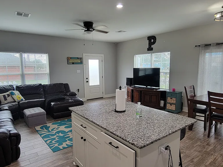 living room, kitchen, dining room