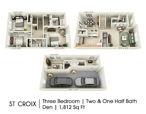 Floor plan St Croix Townhome with Den & Tandem Garage