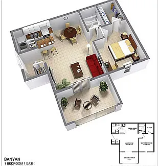Floor plan Banyan | 1 Bed | 1 Bath | Premium