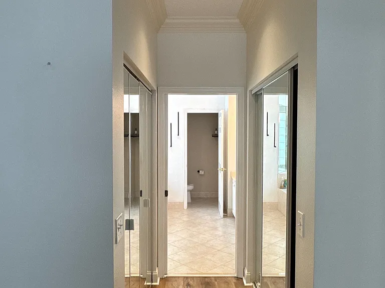 View from master into master bathroom. Custom walk in closet on the left, and closet on the right.