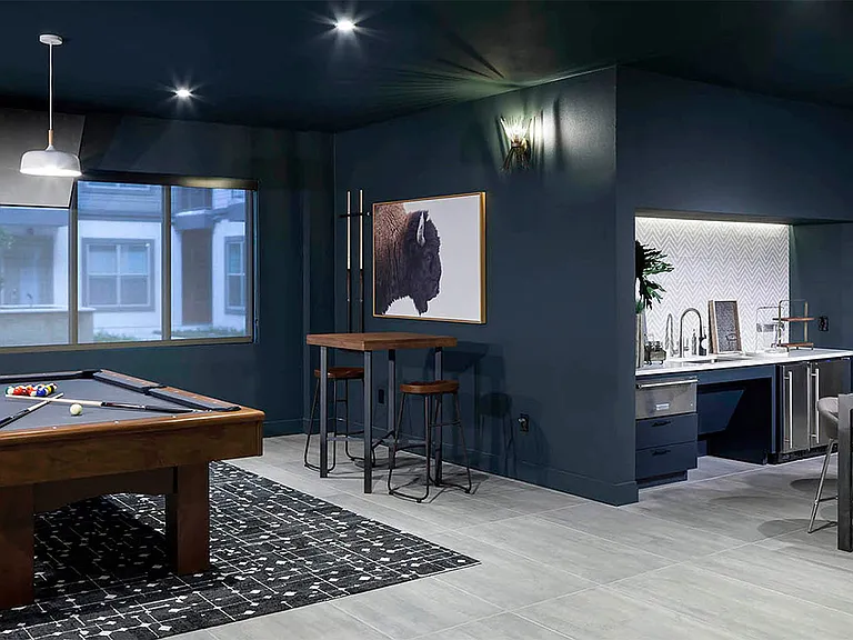 Apartment community entertainment lounge at Griffis Oak Lawn in Bethesda, Maryland.
