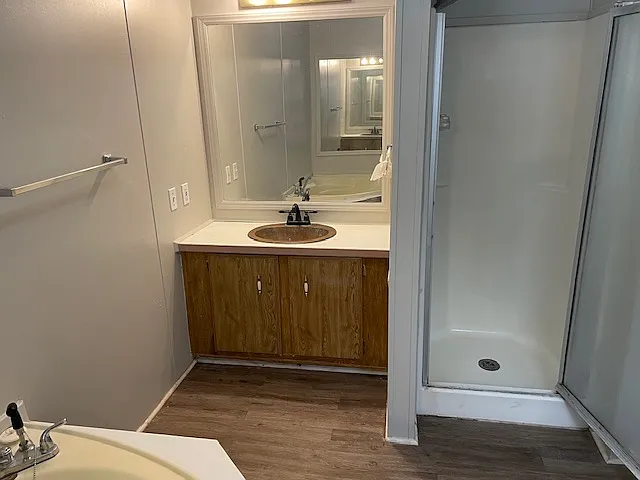 Single vanity and shower as well.